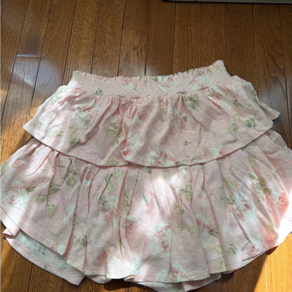 LoveShackFancy Pink Floral Ruffle Mini Skirt